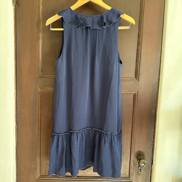 JOIE | Navy Silk Ruffle Tie Neck Dress | Size 4 - Picture 2 of 5